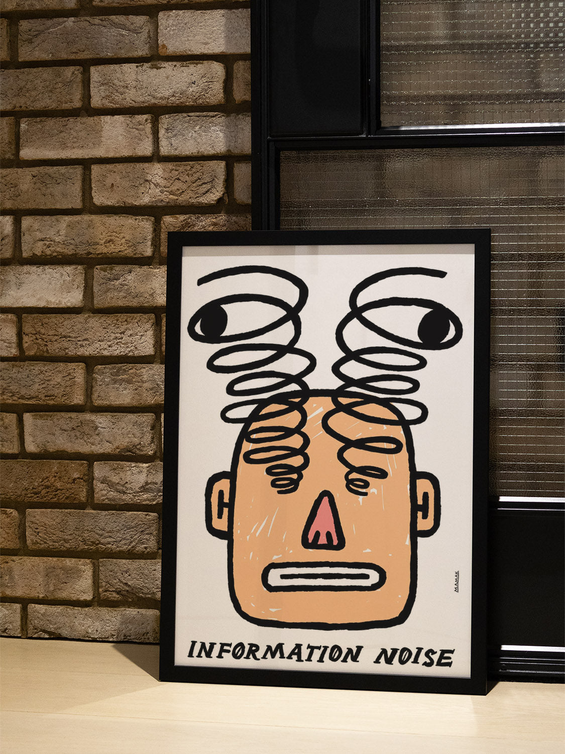 "Information Noise" by Bartosz Mamak displayed in a styled setting; fine art print in black frame. |type=lifestyle|