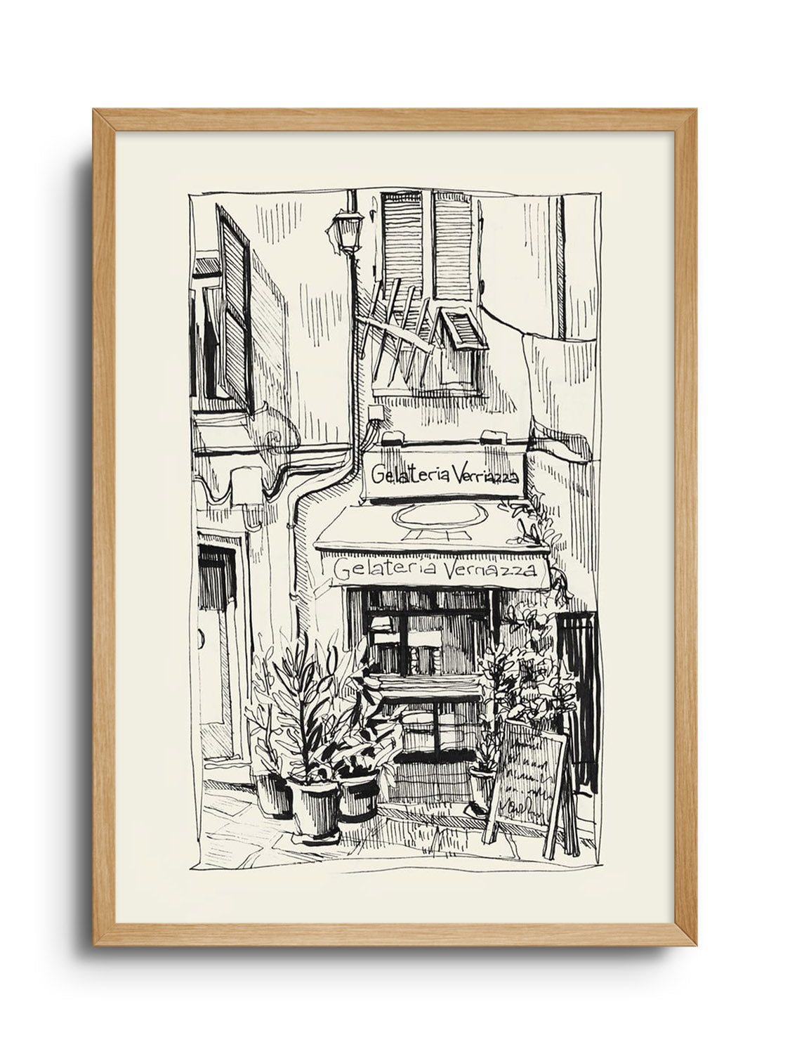 "Sun On Gelateria Verriazza" by Emma Louise, fine art print in Natural Frame. |frame=Natural Frame|