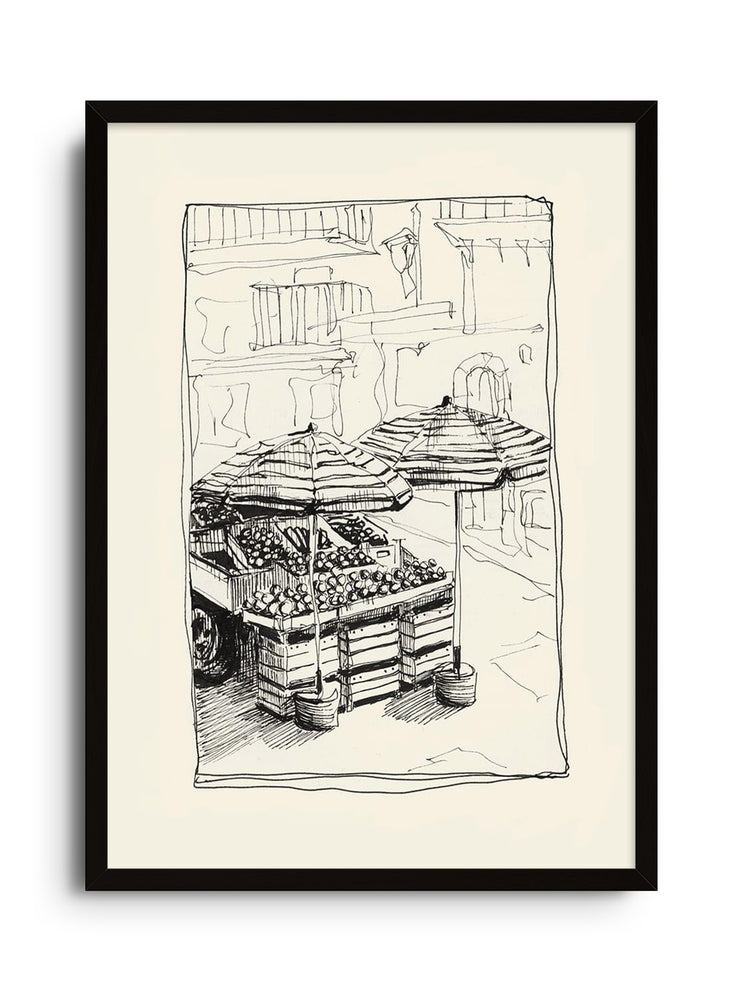 "Fruit Stands" by Emma Louise, fine art print in black frame. |frame=Black Frame|