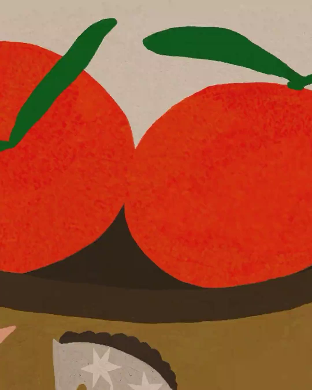 Close-up detail scan of "Oranges In Vase (no Border)" by Sophie Deller