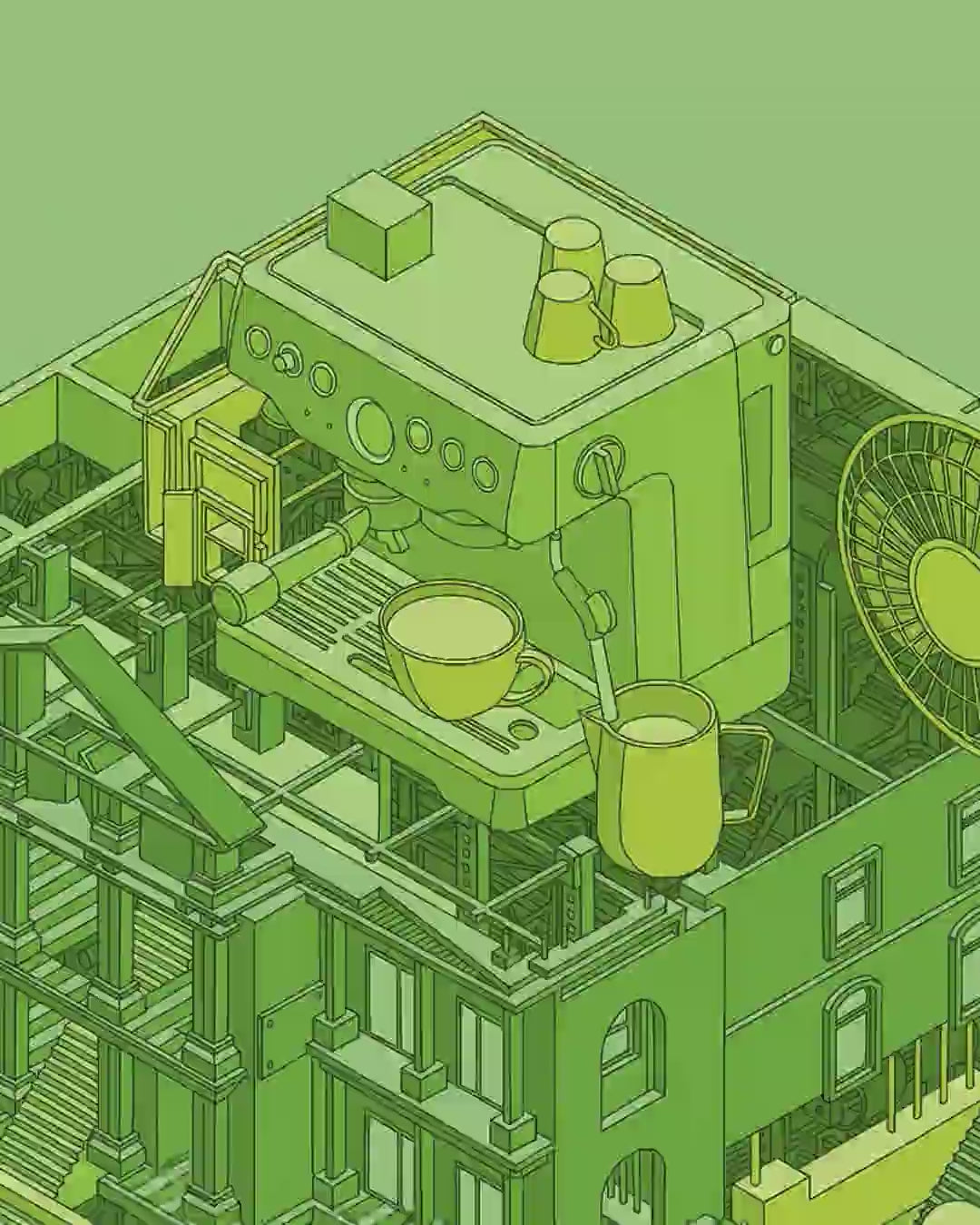 Close-up detail scan of "Green Coffee Break" by Iván Casís Jr.